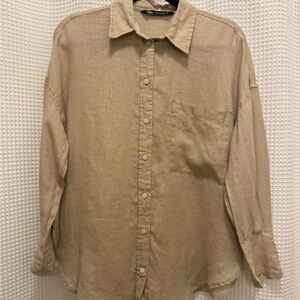 Zara Beige Casual Button Down Shirt - 100% Linen - size XS